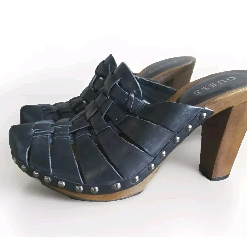 Guess Y2K Leather Clogs Size 8.5 Black Woven Block Heel Stud Gwwoven